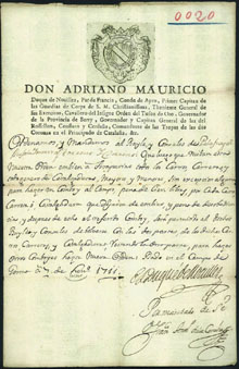 Carta del 7 de gener de 1711 del duc de Noailles als jurats de Palafrugell, Mont-ras, Llofriu, Torrent i Torrent&iacute;, reclamant el dret de bagatge des de Girona