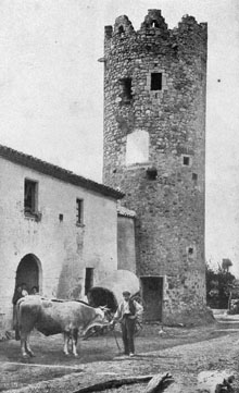 Home amb un bou davant de Can Sureda d'Ermed&agrave;s. 1890-1936
