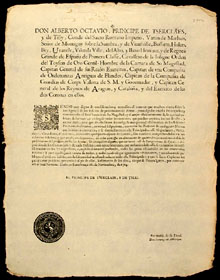 Ordre del capit&agrave; de l'ex&egrave;rcit borb&ograve;nic de les Dues Corones sobre el lliurament de les armes de foc i de tall adre&ccedil;ada a 'los C&oacute;nsules de Palam&oacute;s y su condado'. 1714