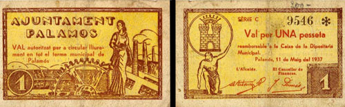 Val per una pesseta reemborsable a la Caixa de la Dipositaria Municipal, Palam&oacute;s, 11 de maig del 1937