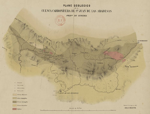Plano geológico de la cuenca carbonífera de Sn Juan de las Abadesas, prova de Gerona, por Amalio Maestre. 1855