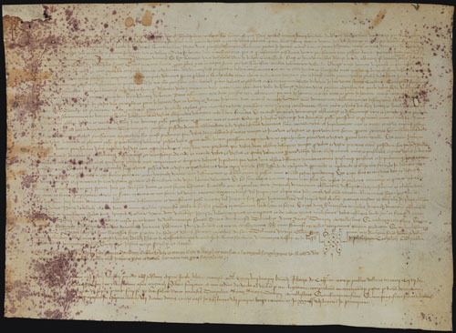 Pergamí. 1442, desembre 8. Hostal de Belladona, Vallcanera. Caterina, muller de Pere de Bell-lloc, ciutadà de Girona, i filla i hereva de Joan Guerau Albertí, fa donació a favor de Francesc Torrelles, habitant de Blanes, de la meitat del delme que li deu per una possessió de terra boscosa situada al lloc dit Santa Cristina del terme de Lloret. Còpia del 9 de desembre de 1452