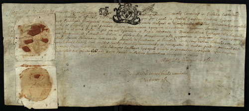 T&iacute;tol de mestre en arts liberals i filosofia atorgat per Esteve de Largier, prevere, doctor en teologia i canonge de la seu de Montpeller, a favor de Joan Torrent, de la Bisbal. 1691
